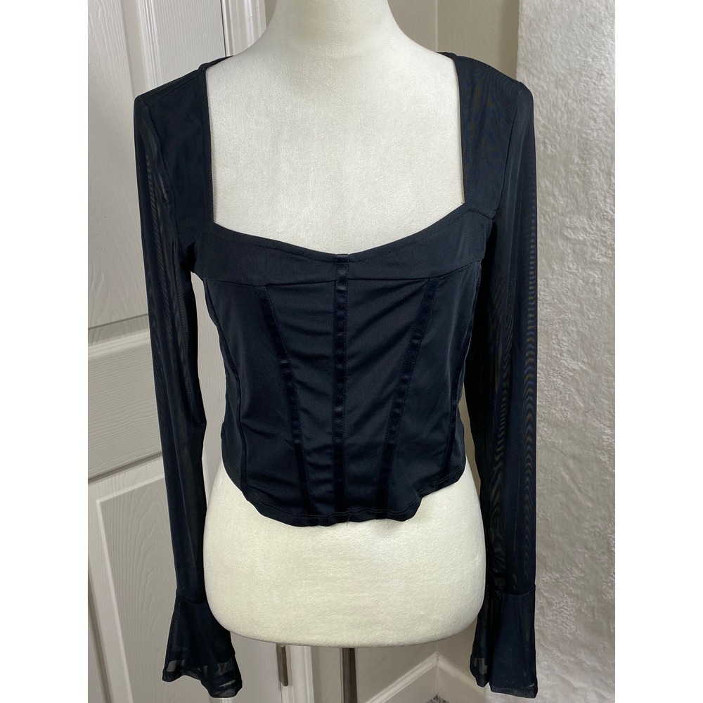 Cosmic Aura Womens Sexy Corset Top Black Sheer Sleeve Fairy Grunge‎ Vamp Goth L